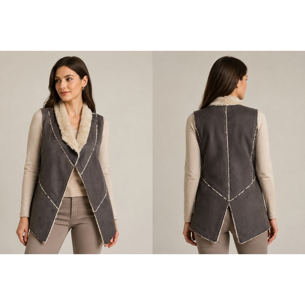 One The Land Clothing Womens Faux Suede Faux Fur Vest Brown‎ Open Front Size M